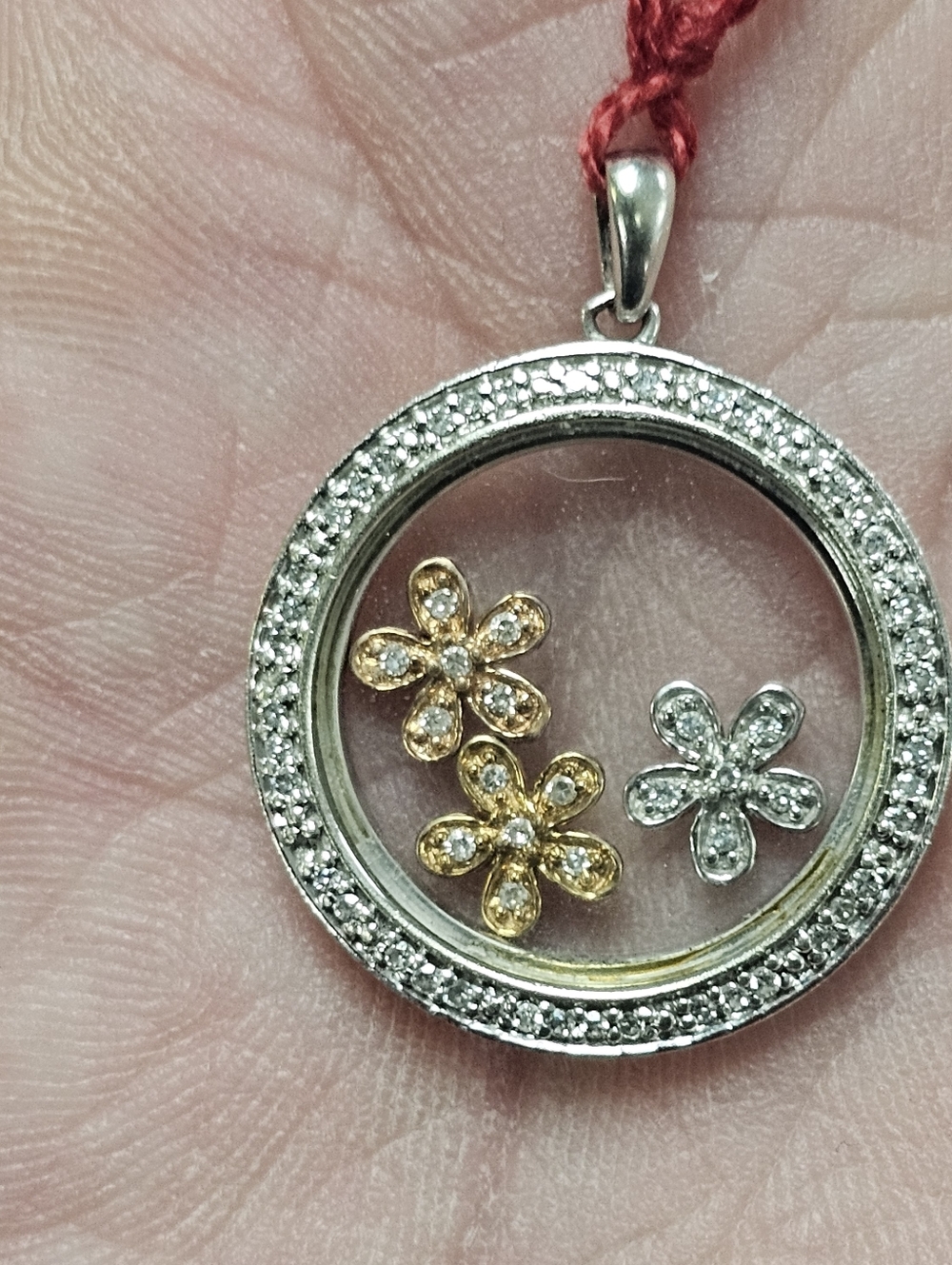 14kt Gold Floral Locket Pendant with Gold & Silver Flower Accents